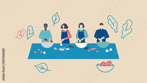 Four people cooking healthy food together in kitchen with bowls and ingredients on blue table