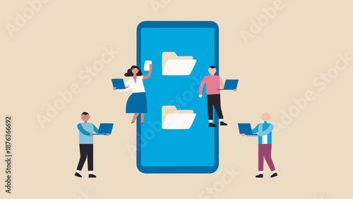 Flat vector illustration of individuals uploading files into a large smartphone
