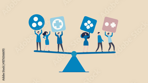 Professionals balancing icons on a seesaw representing teamwork and harmony in business