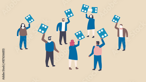 People controlling robots with dice game strategy teamwork concept