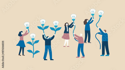 People watering abstract plants growing from light bulbs creative concept