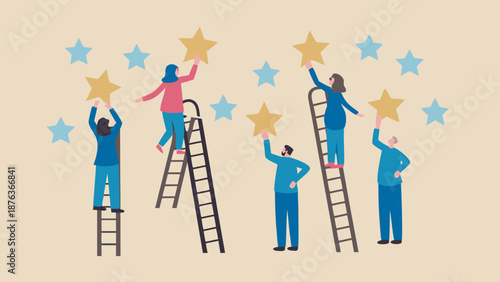 People arranging stars in the sky using ladders, teamwork and cooperation concept