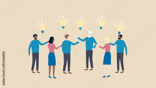 Diverse group of people sharing and discussing ideas represented as glowing light bulbs