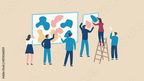 People painting abstract shapes together on large canvases in a collaborative creative process