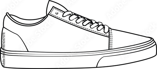 Side view of a skate sneaker outline. Vector line art of a casual sport shoe isolated on white. Coloring page design for streetwear fashion.