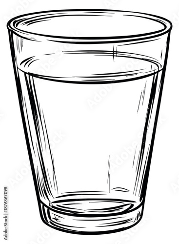 Hand drawn line art illustration of a glass of water depicting refreshment for hydration and healthy living concepts