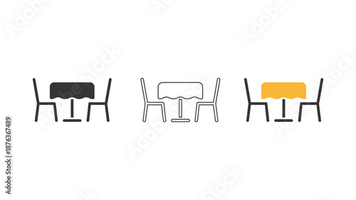 Three icons depicting a table with two chairs, each with a different tablecloth style.