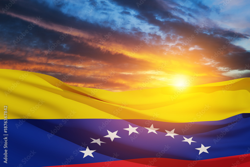 Fototapeta premium Venezuela flag on background of sunset sky. Patriotic concept. Banner with place for text.