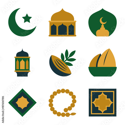 Cultural Icons of Ramadan: A set of elegantly illustrated icons representing key symbols and elements associated with the holy month of Ramadan.
