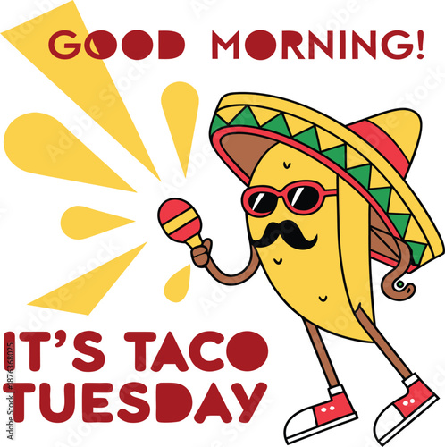 Fun taco character celebrating Taco Tuesday with maraca in hand