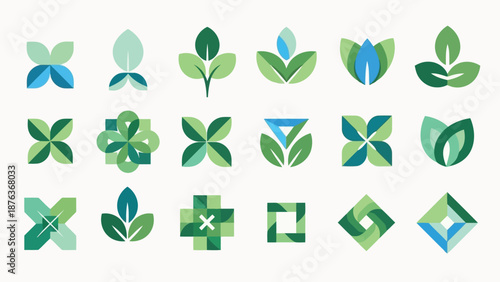 Collection of stylized leaf and floral designs in various shades of green and blue