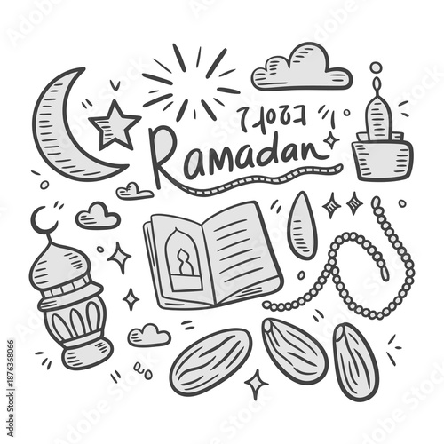 Ramadan Doodle: An elegant Ramadan-themed doodle illustration with a crescent moon and star, dates, a prayer beads, book and traditional motifs.