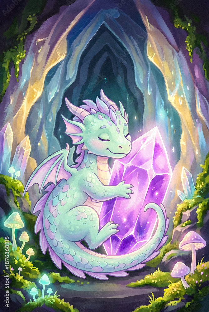 Fototapeta premium Cute Baby Dragon Hugging Glowing Crystal in Magical Cave Fantasy Illustration