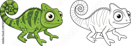 Cute chameleon character cad drawing, flat vector illustration with colored and outline version, cartoon reptile mascot design, animal educational artwork