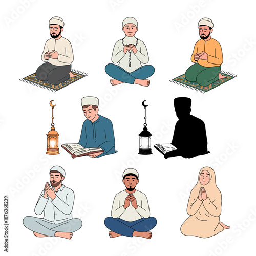 Islamic Devotion: A collection of illustrations depicting Muslims engaged in prayer, reflection, and acts of worship, embodying the essence of faith and spirituality.