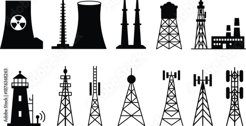 Industrial tower and antenna icon set, cad drawing flat vector illustration of power plant, factory and communication infrastructure silhouettes, engineering design collection