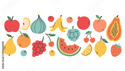 A colorful assortment of fresh fruits is displayed against a white background.