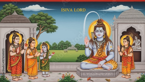 A serene depiction of a deity surrounded by attendants in a tranquil outdoor setting