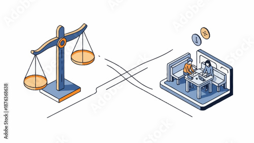 Isometric illustration of justice and corruption concepts.