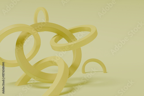 3D render of yellow circular geometric shapes and rings floating in a minimalist space. Monochromatic yellow background for creative design projects and business presentations