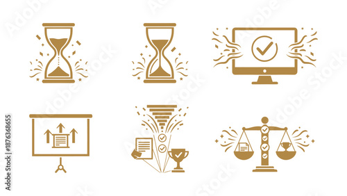 Business and productivity icons: deadline, monitor check, presentation, and assessment concepts