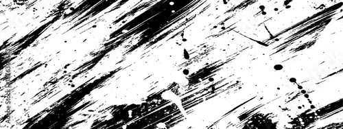 Abstract black and white grunge background texture vector with diagonal brush strokes and ink splatters for distressed overlay design