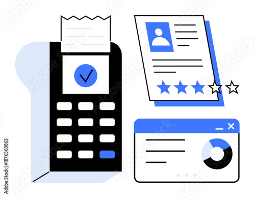 Payment terminal printing receipt with check mark, user profile with star rating, and analytic dashboard. Ideal for e-commerce, fintech, customer reviews, productivity, data analysis, evaluation
