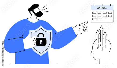 Data protection concept. Data security ed by a shield with a lock. Data helps ensure annual growth and business protection. Ideal for cybersecurity, planning, privacy, growth strategy, technology
