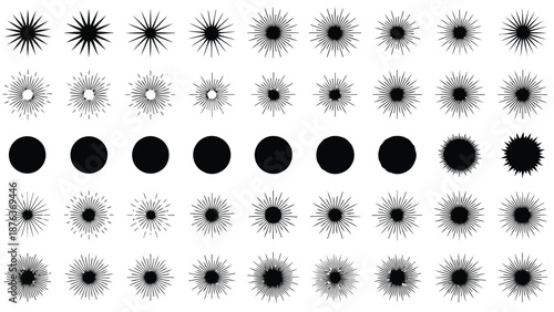 A series of black and white radial burst patterns in a grid arrangement
