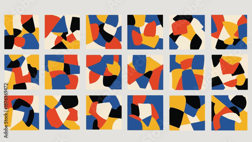 Abstract geometric art featuring colorful shapes and patterns in a grid layout