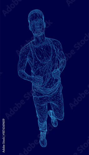 A low polygonal wireframe man runs dynamically on a dark blue abstract background.