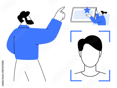 Identity verification, digital authentication, online security, user recognition, data protection, workflow automation. A person pointing, a document review and a biometric profile. Identity