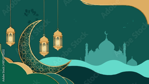 eid mubarak background simple the moon ornament and lantern