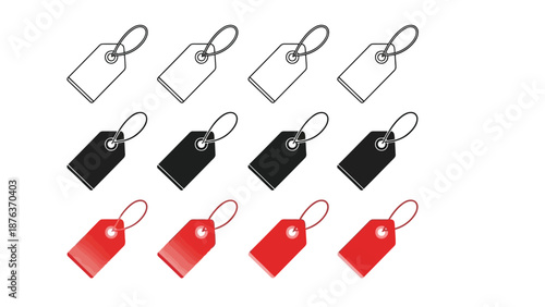 Assorted price tags in black white and red colors arranged in rows