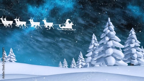 Animation of santa riding sleigh over snow covered trees and land against sky at night