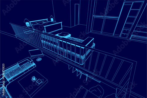 A minimalist loft bedroom blueprint in clean contour lines features a central bed with a left desk and right chair. A detailed table holds various objects at the bottom of the interior design plan.