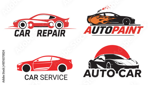 Set of four car service and repair logos with sporty vehicles and tools