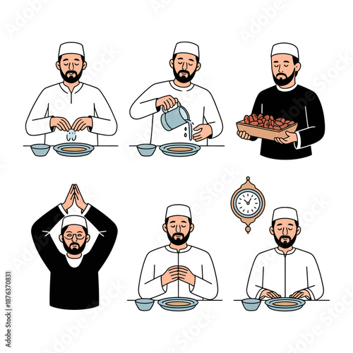 Islamic meal routine: A sequence of moments captures the preparation and practice of an Islamic meal, emphasizing cultural observance and tradition.