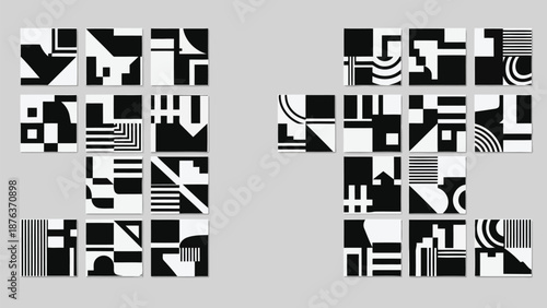 Geometric abstraction art a collection of black and white square panels displayed