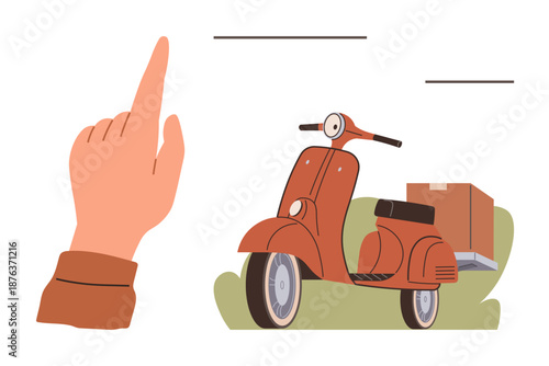 Delivery services, logistics, navigation, online shopping, express shipping, transportation. A hand pointing near a retro scooter carrying a box on grass. Delivery services and logistics ion