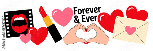 Romantic Valentines Day Illustration with Hearts and Lipstick