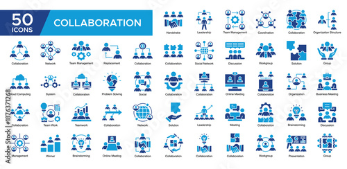 Collaboration collection set. Leadership, Team Management ,Collaboration, Organization Structure, Discussion, Network , Problem Solving, Business Meeting, icon. Simple Dual Tone vector illustration