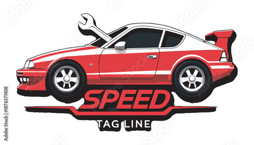 Sport car service logo with wrench tool and custom vehicle design for tuning shop