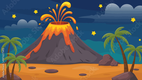 Volcanic Eruption at Night with Palm Trees and Stars