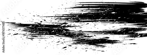 Abstract black paint brush stroke grunge texture with ink splatter Monochrome artistic vector design element for distress effects