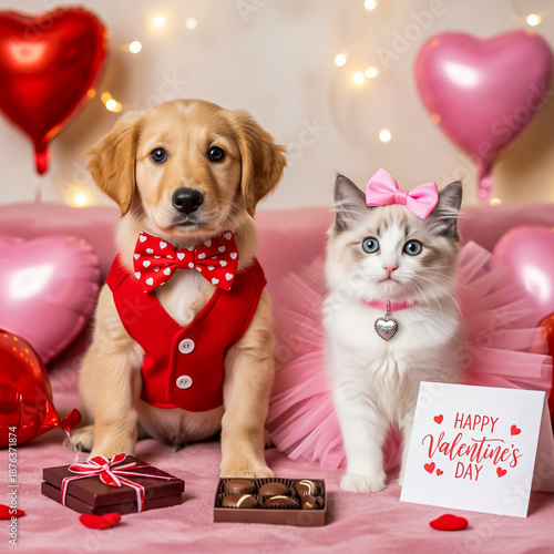 Golden puppy in a red vest and white kitten in a pink tutu celebrating Valentine's Day with chocolates and balloons.