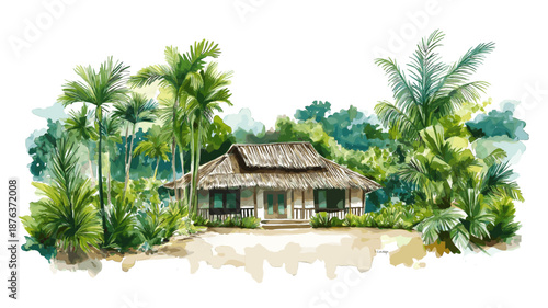 Rewa Eco Lodge. Rewa Eco Lodge hand drawn watercolor illustration