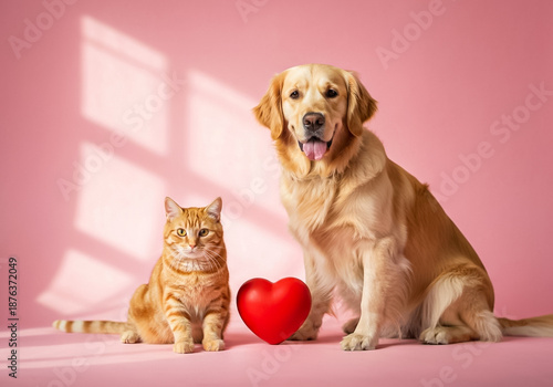 Golden Retriever Dog and Orange Cat sitting together with a red heart icon on a pastel pink background for Valentine's Day greeting cards.