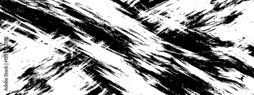 Black and white grunge brush strokes background texture Abstract distressed diagonal paint splatters vector overlay