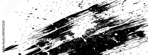 Black ink brush stroke texture with paint splatter and dynamic grunge effect on white background